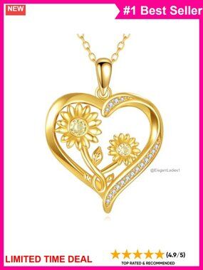 Sunflower Heart Pendant Necklace 925 Sterling Silver 18K Gold Plated CZ